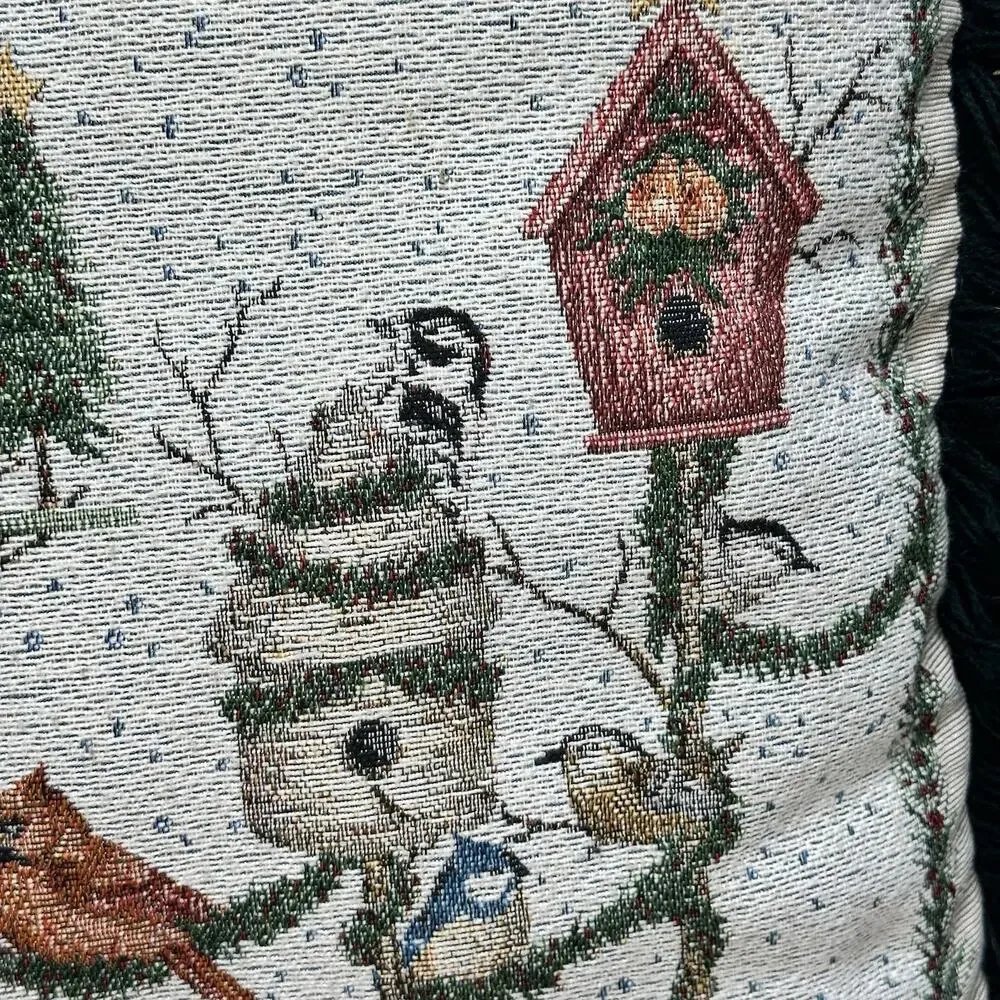 VTG Shumaker Patton Tapestry Pillow Cardinals Birdhouses Christmas Holiday Birds